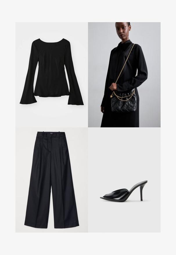 Black long-sleeve top with a scoop neckline. Features flared sleeves and a slightly loose fit. Made from a smooth, stretchy fabric.; Black wide-leg trousers made of smooth fabric, featuring a high waist, pleats, and a tailored design. Simple black hardware at the waist.; Black leather high-heeled mules with an open toe, pointed design, smooth texture, and a slim stiletto heel.; Black quilted leather handbag with a gathered top, gold chain strap, and a rectangular shape, held against a plain background.
