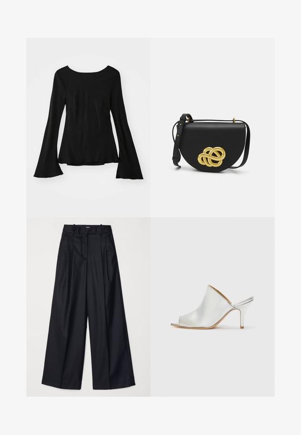 Black long-sleeve top with a scoop neckline. Features flared sleeves and a slightly loose fit. Made from a smooth, stretchy fabric.; Black wide-leg trousers made of smooth fabric, featuring a high waist, pleats, and a tailored design. Simple black hardware at the waist.; Silver peep-toe mules with a smooth, glossy finish, a low stiletto heel, and an open back design for easy wear.; Black leather handbag with a rounded shape, featuring a large gold decorative knot on the front and an adjustable strap.