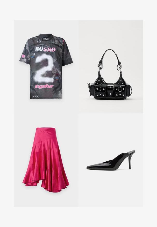 Kratkoročni dres v črni barvi z grafičnimi vzorci, ki prikazuje "2" v belih pikah, rožnate poudarke ter več logotipov v različnih barvah.; Magenta saten krilo s flared robom, ki ima plastevne panele in asimetrično zasnovo. Ima gladko teksturo in srednjo dolžino.; Črne patentirane čevlje s peto, z usko silhueto in koničastim nosom, z odprtim hrbtom in vitko stiletto peto.; Črna usnjena torbica s ukrivljenim dizajnom, ki vsebuje srebrne žebljičke, zaponko in dve stranski žepki. Nastavljiv trak za različne možnosti nošenja.