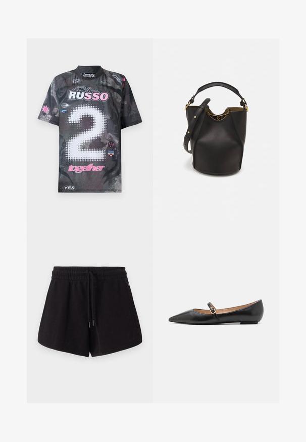 Juoda trumpomis rankovėmis džersio maikutė su grafikos raštais, kurioje baltais taškais pavaizduota "2", rožinės spalvos akcentai ir keli skirtingų spalvų logotipai.; Juodi sportiniai šortai, pagaminti iš minkštos medžiagos. Turi elastingą liemenį su raišteliu, šonines kišenes ir laisvą prsitvarkymą.; Juodos odinės baleto bateliai su smailiu pirštu ir šoniniu dirželiu, papuoštu apvaliu auksiniu akcentu. Lengvi su plokščiu padu.; Juodas odinis kibiro tipo krepšys su tekstūruotu paviršiumi, auksiniais detalėmis ir atvira viršūne. Yra trumpa rankena ir reguliuojama petneša.