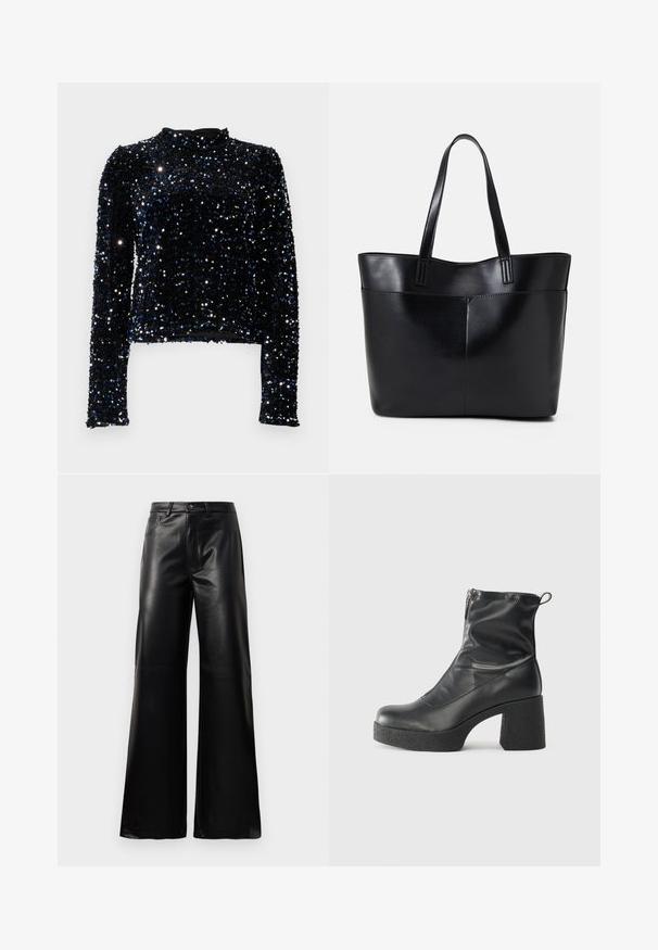 Sort langærmet top dækket af palietter med blå og sølv accenter, der har en høj halsudskæring og en tætsiddende silhuet.; Sorte high-waisted bukser i bred ben i imiteret læder med forreste knap, lynlås, bæltestropper og sidelommer på hvid baggrund.; Sorte ankelstøvler lavet af glat læder, med en sidelukning, kraftig struktureret hæl og rundt tådesign.; Sort læder tote taske med to lange håndtag, en glat tekstur og en struktureret form. Har en forlommem for ekstra opbevaring.