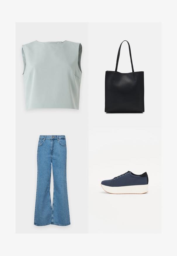 Sleek, sleeveless crop top in soft, pale blue fabric. Features a round neckline and subtle seam detailing, made from lightweight material.; Light blue flared jeans made of denim, featuring a high waist, five pockets, and a single button closure. Soft texture with faded finish.; Navy blue sneaker with a textured fabric upper, white platform sole, rounded toe, and black heel accent. Features six eyelets for laces.; Black leather tote bag with smooth texture, rectangular shape, and two long handles. No visible hardware or embellishments.