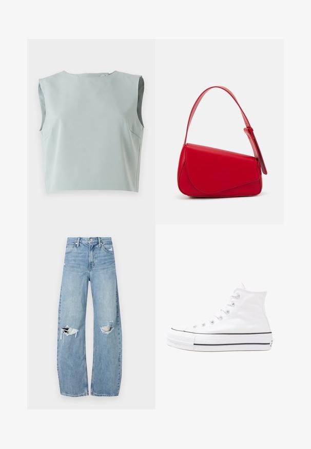 Snygg, ärmlös crop top i mjukt, ljust blått tyg. Har rund halsringning och diskret sömdekoration, tillverkad av lätt material.; Ljusblå, högmidjade jeans i denim. Har vida ben, två slitna knäområden och klassisk femfickedesign.; Vit hög topp canvas sneaker med svart gummisulan, framsidan gummitåhätta och sex öglor för snören, med en ren, minimalistisk design.; Röd läderhandväska med en vinkelrät, geometrisk design. Har ett justerbart axelband och en klaffstängning med sydda detaljer.