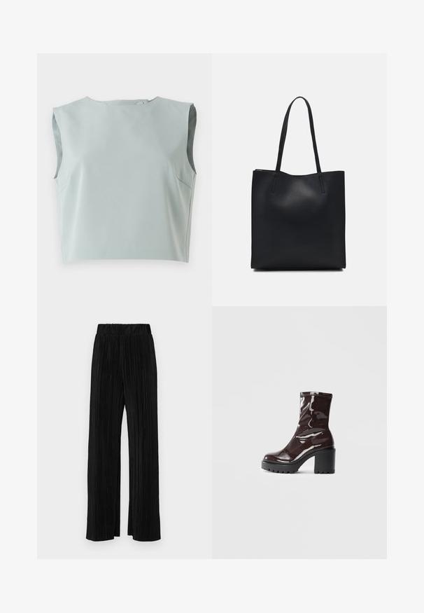 Sima, ujjatlan cropped top puha, világos kék anyagból. Kerek nyakkivágással és diszkrét varrási részletekkel rendelkezik, könnyű anyagból készült.; Fekete pliszírozott nadrág gumis derekkal. Széles lábakkal rendelkezik, sima, texturált anyagból készült, függőleges csíkokkal.; Fényes bordó bokacsizma vastag fekete sarokkal, sima felülettel és egyszerű dizájnnal. Nincsenek látható zárak vagy minták.; Fekete bőrtáska sima felszínnel, téglalap alakú, két hosszú füllel. Nincs látható fémkiegészítő vagy díszítés.