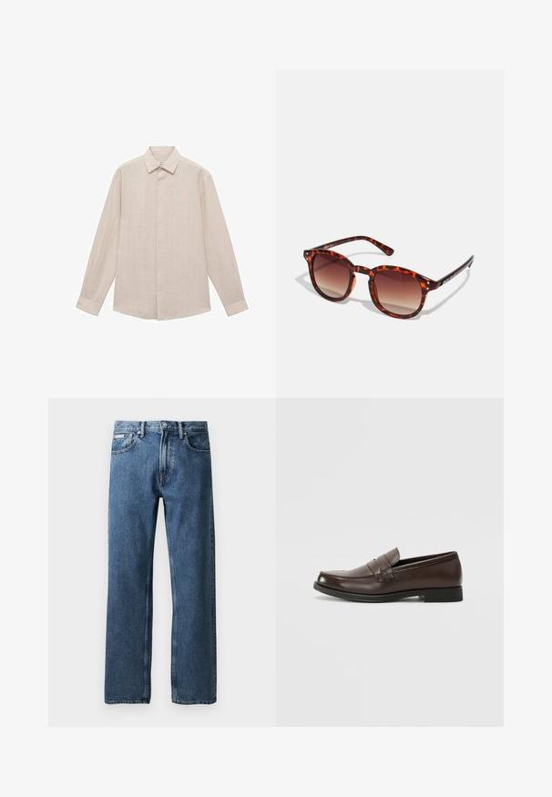 Camicia a maniche lunghe color beige chiaro con colletto button-down, caratterizzata da sottili righe verticali e orlo dritto. Realizzata in tessuto leggero.; Jeans in denim blu a gamba dritta con vita alta, chiusura a bottone e zip, tasche frontali e un piccolo etichetta bianca del marchio sulla tasca destra.; Mocassino in pelle marrone con punta arrotondata, cuciture decorative e un tacco piccolo e piatto. Texture liscia con elementi di design sobri.; Occhiali da sole tartaruga con lenti sfumate marroni, forma rotonda e dettagli neri sulle astine; presenta due piccoli rivetti metallici vicino alle lenti.; Borsa a tracolla in pelle nera con patta, due fibbie argentate, cuciture gialle e tracolla regolabile. Presenta una texture liscia e un design compatto.