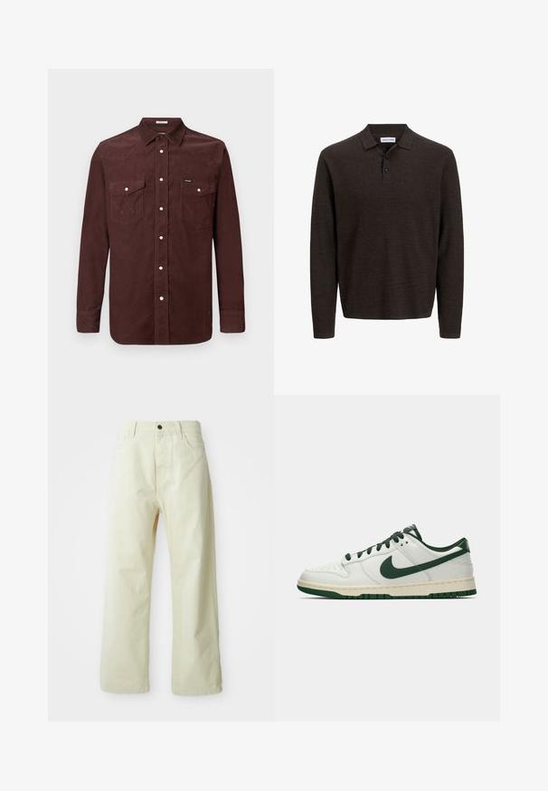 Hosszú ujjú barna kordbársony ing patentgombokkal, két mellzseb, fedéllel, és egy kis Wrangler logóval a bal zsebben.; Barna, hosszúujjú, pólóing, textúrált anyagból készült. Klasszikus gallérral és három gombbal rendelkezik az elején. Lazán illeszkedő fazonja van, ribbelt mandzsettával.; Világos sárga, bő szárú farmernadrág, elöl gombos záródással, öt zsebbel és egyenes, díszítetlen kialakítással.; Fehér, alacsony szárú sneaker sötétzöld Nike swoosh-zsal, fűzőkkel és talp kiemelésekkel, profilból bemutatva egy sima fehér háttér előtt.