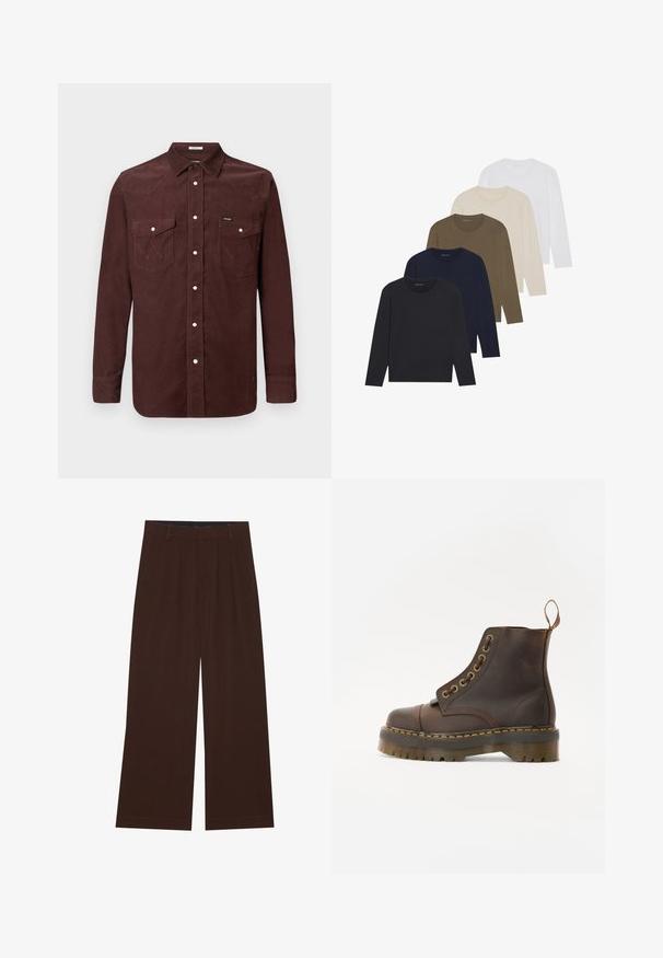 Hnedá kordurová košeľa s dlhým rukávom, so zapínaním na cvoky, dvomi náprsními vreckami s klopami a malým logom Wrangler na ľavom vrecku.; Päť tričiek s dlhým rukávom v farebnom prechode: tmavomodrá, námornícka, olivová, béžová a biela. Každé má okrúhly výstrih a hladkú textúru.; Hnedé nohavice s širokými nohavicami a plisovaním. Vyrobené z hladkej látky, s upraveným pásom a bočnými vreckami. Rovný lem na spodnej časti.; Hnedé kožené členkové topánky s okrúhlym špicom, kontrastným žltým prešívaním, dekoračnými kovovými očkami a drážkovanou gumovou podrážkou.