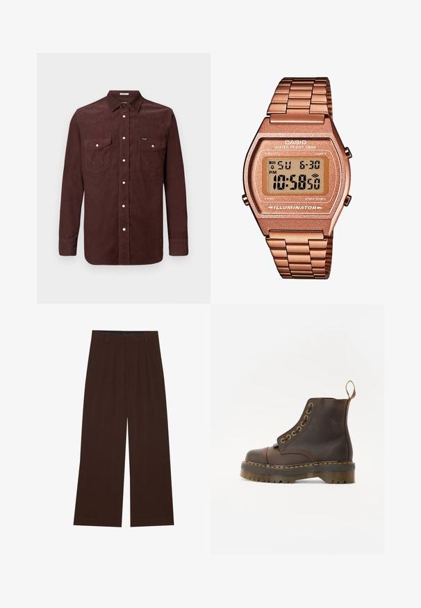 Cămașă din corduroy maro cu mânecă lungă, cu butoane cu prinse, două buzunare la piept cu clapete și un mic logo Wrangler pe buzunarul din stânga.; Pantaloni maro, cu picioare largi, cu pliuri. Realizați dintr-un material neted, având o talie cusută și buzunare laterale. Tiv plat la baza.; Bocanci din piele maro, cu vârful rotund, cusături galbene contrastante, ochiuri din metal decorative și o talpă din cauciuc cu caneluri.; Ceas digital Casio cu brățară din metal roz auriu, carcasă rectangulară, display iluminat și rezistență la apă, afişând ora și data.