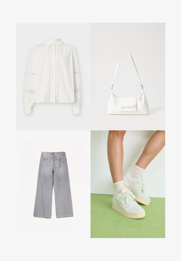 White button-up shirt featuring long sleeves, intricate eyelet detailing, and lace accents along the sleeves and front. Smooth fabric texture.; Bershka WIDE-LEG - Wide Leg - grey; Light green sneakers with a textured surface, featuring three white stripes, a cream rubber sole, and lace-up design. Worn with light socks.; White synthetic handbag with a triangular shape, flat front flap and bow detail, adjustable strap, smooth texture, and minimalistic design.