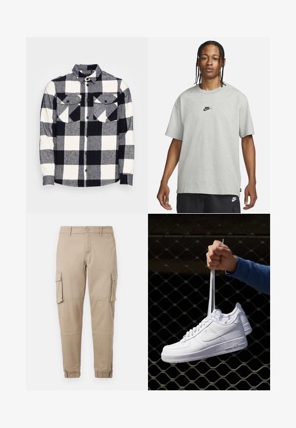 Blend Camisa - black; Pessoa jovem com cabelo trançado a usar uma camiseta Nike cinza claro e calções Nike pretos em fundo branco liso.; Calças cargo bege em um material de algodão leve. Apresenta punhos elásticos, múltiplos bolsos laterais e um fecho de botão.; Sapatilhas de couro branco com perfurações, biqueira redonda, sola plana e atacadores grossos, apresentando um logotipo swoosh visível e "AIR" no calcanhar.