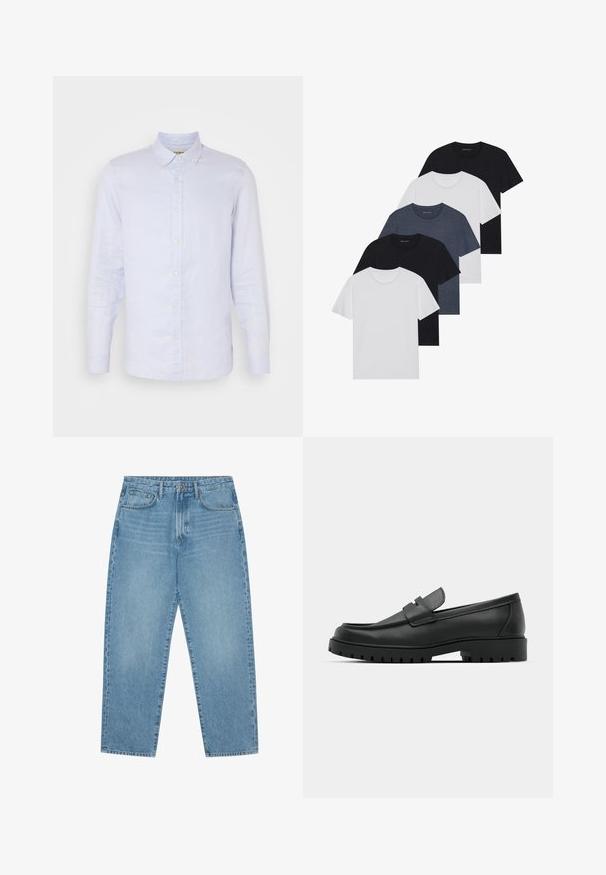Lys blå lin skjorte med lange ermer, knapp-ned krage, front-knapping og en glatt tekstur. Dekorert med subtile vevde detaljer.; Sett av fem t-skjorter i svart, hvit og marineblå. 100% bomull, kortermet, rund halsdesign og ensfarget uten mønstre.; Lyseblå denim brede benbukser med høy midje, som har fem lommer, beltehemper og en myk, lett falmet tekstur.; Sorte lærloafere med rund tå, med en syddesign, lav plattformsåle og en teksturert, ruggede gummisåle.
