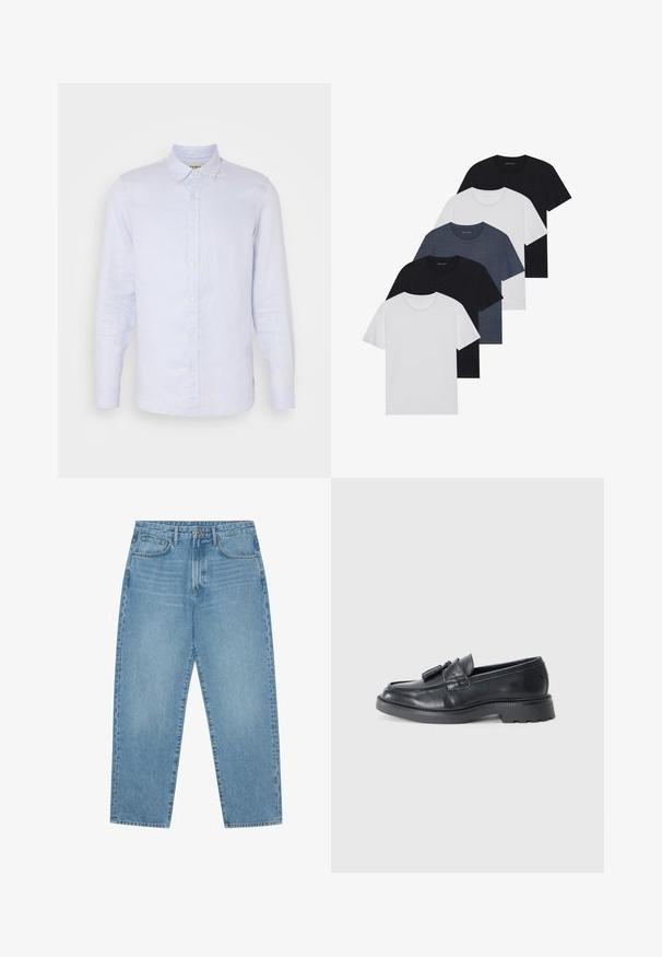 Svijetloplava lanena košulja s dugim rukavima, ovratnikom na dugme, prednjim kopčanjem na dugmad i glatkom teksturom. Sadrži suptilne tkane detalje.; Set od pet majica u crnoj, bijeloj i tamnoplavoj boji. Pamuk, kratki rukavi, kružićasti izrez i jednolična tekstura bez uzoraka.; Svijetloplavi traper široke nogavice s visokim strukom, koji ima pet džepova, petlju za remen i mekan, blago izblijedio uzorak.; Crne kožne loferice s okruglim vrhom, trakicom s resicama i masivnim potplatom s uzorkom. Glatka tekstura i klasični dizajn.
