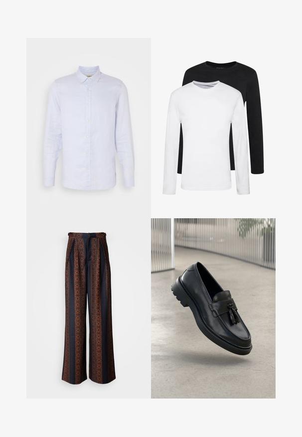 Chemise en lin bleu clair avec manches longues, col boutonné, fermeture par boutons sur le devant et texture lisse. Présente des détails tissés subtils.; Deux chemises à manches longues, l'une noire et l'autre blanche, en coton avec un col rond et une texture lisse, présentées dans un arrangement empilé.; Pantalons larges en tissu bleu foncé avec un motif géométrique orange complexe, dotés d'un front plissé et d'une ceinture ajustée.; Mocassins en cuir noir à finition lisse, avec pompon décoratif, semelle en caoutchouc épaisse et détails cousus. Design léger et élégant.