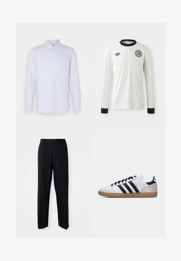 Šviesiai mėlyna lininė marškiniai su ilgomis rankovėmis, mygtukų užsegimu, mygtukų uždarymu priekyje ir lygiu paviršiumi. Yra subtilūs audimo detalės.; Balta ilgomis rankovėmis futbolo marškinėliai su siūlėta tekstūra, juodas apykaklė ir rankogaliai, su juodu Adidas logotipu ir apvaliu grafiniu emblematu.; Juodos tiesios kojos kelnės su diržo kilpomis, mygtuko uždarymu ir elegantišku, minimalistiniu dizainu neutralioje fone.; Balti Adidas Samba sneakeriai su juodais dryžiais, juodais raišteliais, smėlio spalvos zomšinėmis kulnais ir guminiais padais, parodyti kairėje profilio pusėje.