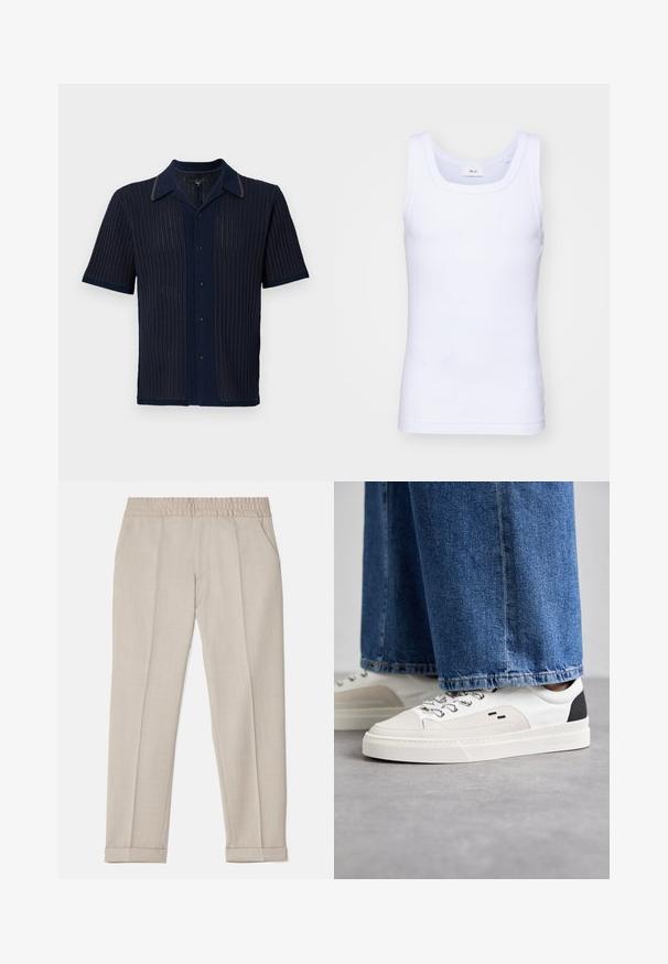 Camicia corta in colore navy con design a coste testurizzate, colletto a contrasto e cinque bottoni sul davanti.; Canottiera bianca in cotone senza maniche con scollatura rotonda, caratterizzata da una texture liscia e una vestibilità aderente, progettata per l'abbigliamento casual.; Filippa K TERRY CROPPED TROUSERS - Pantaloni - sage melange; Sneaker bianche e nere con parte superiore in pelle liscia, dettagli testurizzati e suola bianca spessa. Presentano un classico design con lacci.