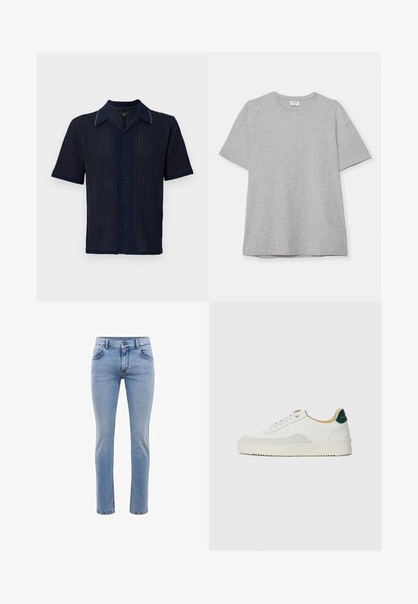 Marineblaues Kurzarmhemd mit strukturiertem Rippdesign, kontrastierendem Kragen und fünf Knöpfen an der Vorderseite.; Graues T-Shirt mit kurzen Ärmeln aus weichem, strukturiertem Stoff. Verfügt über einen klassischen Rundhalsausschnitt und einen geraden Saum, geeignet für legere Trageanlässe.; Hellblaue, slim-fit Jeans aus Denim mit fünf Taschen und geradem Bein. Mit Reißverschluss und Gürtelschlaufen ausgestattet. Weicher Stoff.; Weiße Sneaker mit Wildlederelementen, runder Zehenpartie, flachen Schnürsenkeln und einer cremefarbenen Gummisohle. Mit grünen Markenlogo am Fersenbereich.