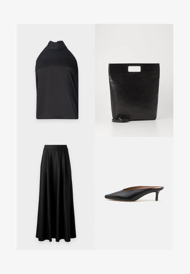 Zwarte halternek top van gladde stof, met een hoge kraag en een losse pasvorm zonder zichtbare sluitingen of versieringen.; Zwarte rok tot op de vloer met een gladde textuur, brede tailleband en geplooid ontwerp, zonder zichtbare patronen of versieringen.; Zwarte leren muiltjes met een puntige neus en een lage, blokhak. Glad oppervlak met een gestroomlijnd ontwerp. Open achterkant met minimale details.; Zwarte leren draagtas met een vierkant handvat, met een gestructureerde afwerking en een reliëflogo. Inclusief een afneembare schouderband.