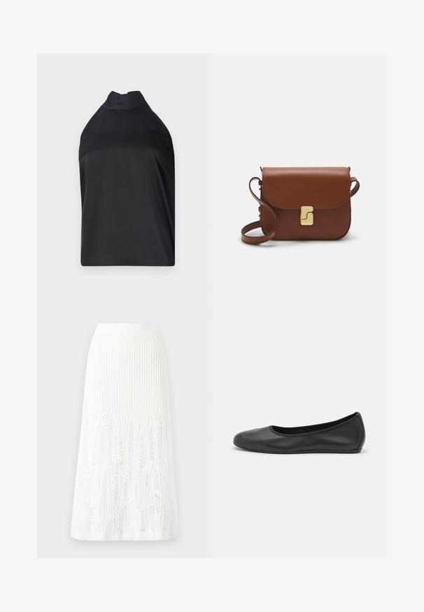 Must mustriga top, mis on valmistatud siledast kangast, kõrge kraega ja laia lõikega, ilma nähtavate kinnituste või kaunistusteta.; Kootud valge midi seelik, millel on tekstuurine muster vertikaalsete joonte ja lõike-detailidega hemmi lähedal. Elastne vöökoht. Pehme materjal.; Musthave mustika tantsutossud mustast nahast, ümmarguse varbaga, siledast tekstuurist, minimaalse õmblusdetailiga ja paindliku tallakujundusega.; Pruunist nahast käekott, millel on klapiga sulgur, kuldne riistvara, õlarihm ja sile tekstuur. Kompaktne ristkülikukujuline vorm.