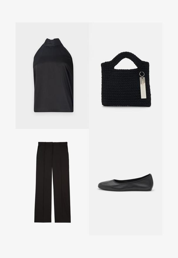 Schwarzes Halftertop aus glattem Stoff, mit hohem Kragen und lockerer Passform, ohne sichtbare Verschlüsse oder Verzierungen.; Schwarze, maßgeschneiderte Hosen aus einem glatten Stoff, mit geradem Bein und zwei Seitentaschen. Elegante und minimalistische Konstruktion.; Schwarze Leder-Ballettschuhe mit abgerundeter Spitze, glatter Textur, minimalen Nähdetails und einem flexiblen Sohlen-Design.; Won Hundred MARSIELLE COMPUTER BAG UNISEX - Notebooktasche - black