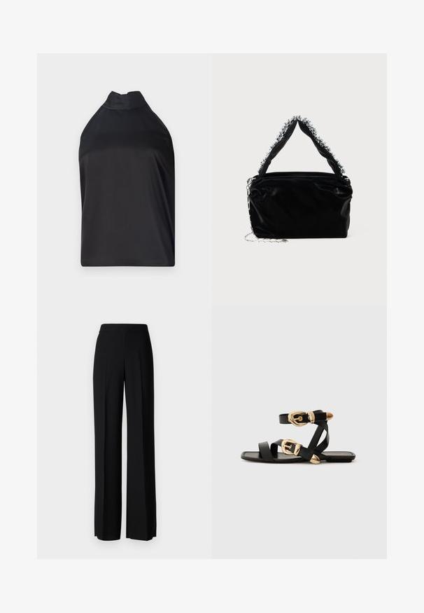 Black halter neck top made of smooth fabric, featuring a high collar and a loose fit with no visible fastenings or embellishments.; Black wide-leg trousers with a smooth texture, featuring a high waistband and center pleats. No visible patterns or hardware details.; Black leather sandals with gold buckle accents, featuring multiple straps and a flat sole design for open-toe wear.; Black faux leather handbag with a textured finish, featuring a beaded silver accent along the top handle and a chain strap.