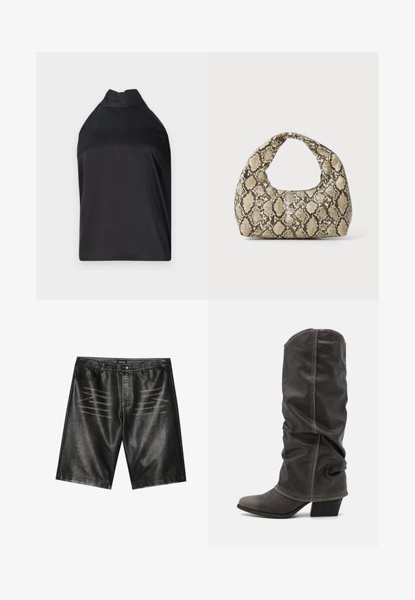 Musta halterneck-toppi, joka on valmistettu sileästä kankaasta. Siinä on korkea kaulus ja väljä malli, ilman näkyviä kiinnityksiä tai koristeita.; Mustat tekonahkahousut, joissa on sileä pinta, viisi taskua ja hillitty raidallinen yksityiskohta etuosassa. Klassinen suora leikkaus.; Harmaat nahkasaappaat, jotka ulottuvat vasikan korkeuteen, löysällä muotoilulla, terävällä kärjellä ja kasattulla korolla. Huomattava ompelutaito kärkialueella.; Käärmeennahkakuosiset käsilaukku, jossa on kaareva kahva. Tehty teksturoiduista beigeistä ja ruskeista materiaaleista, joissa on erottuva timanttikuvio.