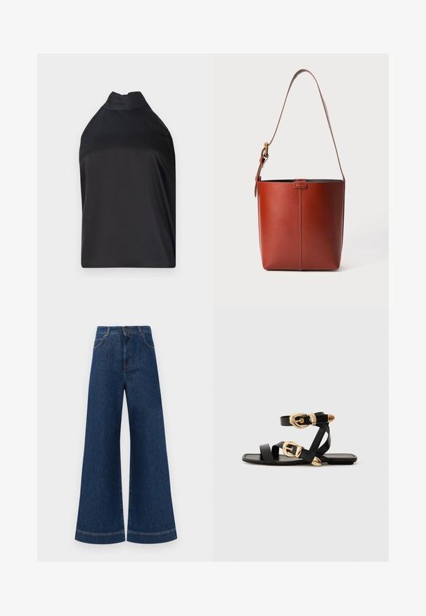 Schwarzes Halftertop aus glattem Stoff, mit hohem Kragen und lockerer Passform, ohne sichtbare Verschlüsse oder Verzierungen.; Weite blaue Jeans aus Denim mit hoher Taille, ausgestattet mit einem Knopfverschluss, Gürtelschlaufen und dezenten Stichdetails an den Taschen und Säumen.; Schwarze Ledersandalen mit goldenen Schnallenakzenten, die mehrere Riemen und ein flaches Sohlendesign für das Tragen mit offenen Zehen bieten.; Braune Leder-Eimer-Tasche mit verstellbarem Schultergurt und goldfarbener Schnalle, einfache vertikale Nahtdetails auf der Vorderseite.