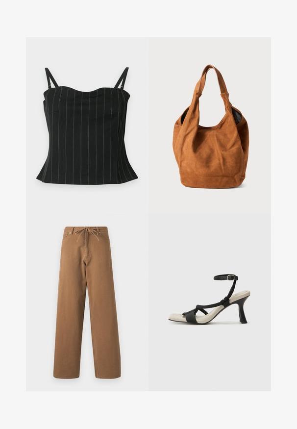 Črna brezrokavnica z tankimi navpičnimi črtami, ima tanke naramnice, srčast izrez in razširjen rob na dnu.; Rjave hlače širokega kroja, izdelane iz bombaža, z elastičnim pasom na vrvico in dvema sprednjima žepoma. Tekstura blaga z gladko površino.; Črne sandale na visoki peti z prepletenim trakom, kvadratnim nosom in nastavljivim gležnjenjem. Svetlo bež podplat z sijajno črno peto.; Rjava semiš torba za ramo z mehkobo, ukrivljeno obliko in dvema ročajema. Ima minimalen dizajn brez vidnih kovinskih delov ali okrasnih elementov.