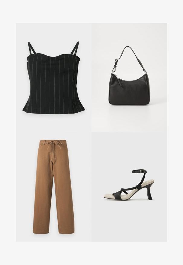 Czarny top na ramiączkach z cienkimi pionowymi paskami, z ramiączkami spaghetti, dekoltem w kształcie serca i rozszerzanym dołem.; Brązowe spodnie o szerokich nogawkach wykonane z bawełny, z elastycznym paskiem w talii i dwoma przednimi kieszeniami. Teksturowana tkanina o gładkim wykończeniu.; Czarne sandały na obcasie z plecionym paskiem, kwadratowym noskiem i regulowanym paskiem na kostkę. Jasnobeżowa wkładka z błyszczącym czarnym obcasem.; Czarna skórzana torebka o zaokrąglonym kształcie, z pojedynczym uchwytem, zamknięciem na zamek błyskawiczny oraz subtelnym logo z przodu. Gładka faktura, minimalistyczny design.