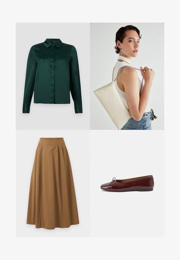 Tamsiai žalia satino bluzonė su ilgomis rankovėmis, smailiu apykaklės dizainu ir priekiniais mygtukais. Lygus tekstūras ir prigludęs dizainas.; Ruda medvilninė A formos sijonas su aukštu liemeniu, puikuojantis klostėmis priekyje ir lygia tekstūra. Apdailos kraštai yra švarūs ir paprasti.; Bordo lakiotos odos baleto bateliai su apvalia nosimi, maža kaspinėlio akcentu priekyje ir žema juoda guma padanga. Lygi tekstūra.; Balta, stačiakampio formos rankinė pagaminta iš blizgaus medžiagos, su sidabriniu virvute. Modelis pozavo, demonstruodamas rankinę prieš paprastą foną.