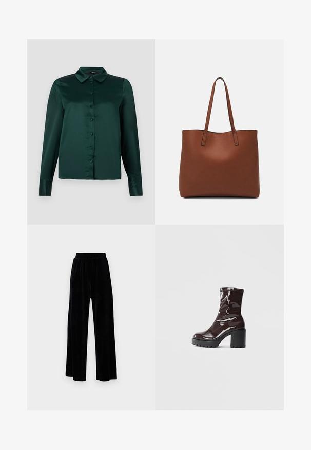 Dark green satin blouse with long sleeves, a pointed collar, and front buttons. Smooth texture and fitted design.; Black wide-leg trousers made of soft velvet, featuring an elastic waistband and a smooth texture, with no visible detailing or patterns.; Glossy burgundy ankle boot with a chunky black heel, featuring a smooth texture and simple design. No visible fastenings or patterns.; Brown leather tote bag with a smooth texture, open top design, and two shoulder straps. Features minimal stitching and no visible hardware.