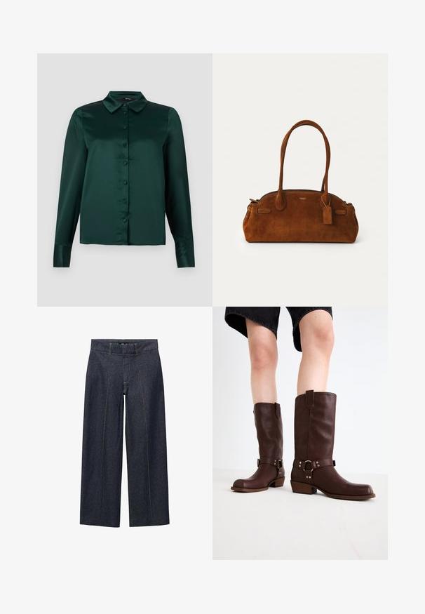 Ciemnozielona satynowa bluzka z długimi rękawami, spiczastym kołnierzykiem i guzikami z przodu. Gładka faktura i dopasowany krój.; Granatowe dżinsowe spodnie o szerokim kroju z przednimi szwami i standardowym paskiem w talii. Posiadają pomarańczowe przeszycia i skróconą długość.; Brązowe skórzane kozaki do kolan z okrągłym noskiem, teksturowaną powierzchnią, paskiem w okolicy kostki i srebrnymi detalami; na platformie.; Brązowa torebka z zamszu z dwiema zaokrąglonymi uchwytami, złotą okuciami, małą zawieszką i gładkim zamkiem błyskawicznym. Posiada subtelne przeszycia.