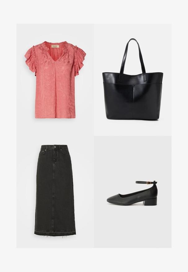 Rózsaszín, rövid ujjú blúz fodros ujjal, V-kivágással, texturált virágmintával és puha anyagfelülettel. A márkacímke látható a gallér belsejében.; Fekete farmer midi szoknya, szoros derékkal, elülső gombos záródással és kopott széllel. Klasszikus öt zsebes dizájn és enyhe struktúra jellemzi.; Fekete bőr magassarkú cipő hegyes orral és alacsony tömb sarkal. Bokapánttal rendelkezik, aranyszínű csattal. Simább textúra.; Fekete bőr bevásárlótáska két hosszú fogantyúval, sima felülettel és strukturált formával. Elülső zseb található rajta a plusz tárolás érdekében.