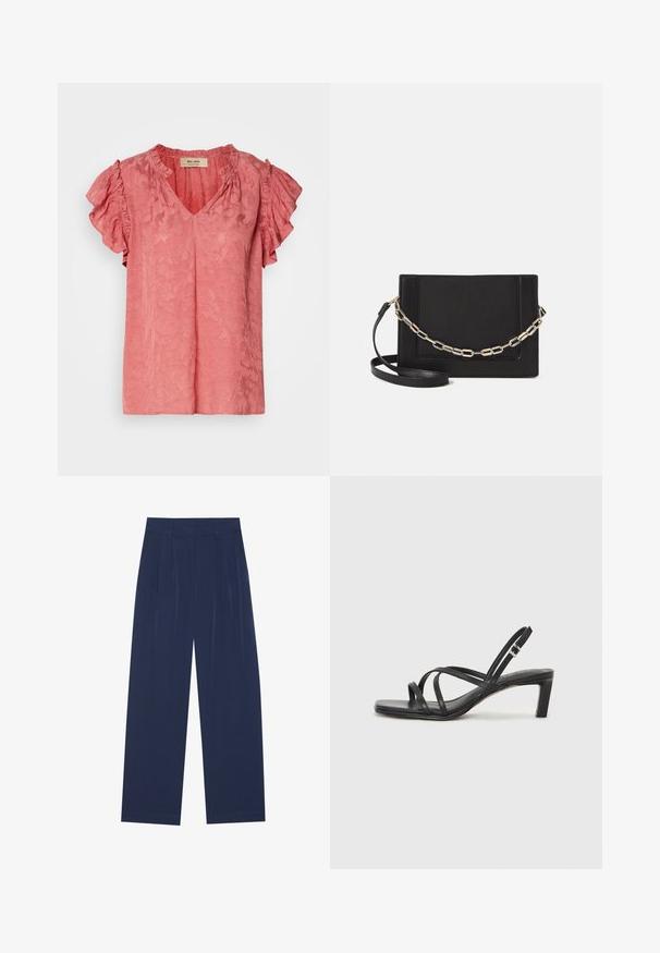 Ružová blúzka s krátkym rukávom, volánovými rukávmi, výstrihom do V, textúrovaným kvetinovým vzorom a jemnou tkaninou. Brandová etiketa viditeľná vo vnútri goliera.; Námornícky modré nohavice s širokými nohavicami vyrobené z mäkkej tkaniny, s prednými skladmi, hladkou štruktúrou a rovnými siluetami bez viditeľných vreciek.; Čierne sandále na vysokom podpätku so štvorcovou špičkou a nízkym blokovým podpätkom. Obsahujú viacero tenkých popruhov a nastaviteľný členkový popruh. Vyrobené z hladkej kože.; Čierna kožená crossbody taška s hladkou textúrou, obdĺžnikovým tvarom a kovovým reťazovým detailom na prednej strane. Súčasťou je nastaviteľný popruh.