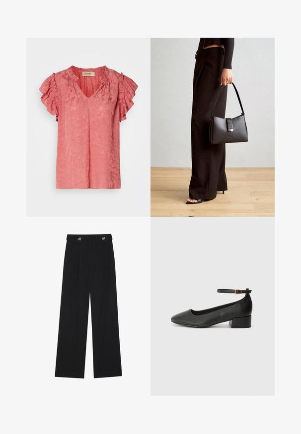 Pink short-sleeve blouse with ruffled sleeves, V-neckline, textured floral pattern, and a soft fabric finish. Brand label visible inside collar.; Black wide-leg trousers with high waist, button details on waistband, and front pleats.; Black leather pump with a pointed toe and a low block heel. Features an ankle strap with a gold-tone buckle. Smooth texture.; Black handbag with structured shape, smooth texture, and a metallic clasp. Paired with wide black pants and open-toe sandals on wooden floor.