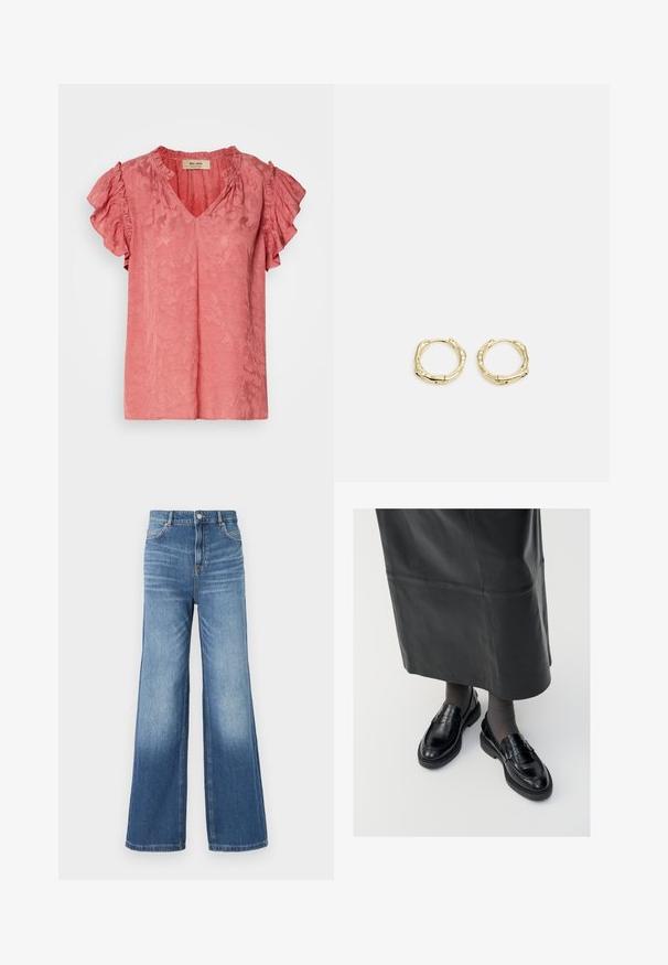 Rosa kortärmad blus med volangärmar, V-halsringning, texturerad blomsterdesign och mjukt tyg. Märkesskylt synlig inuti kragen.; Ljusblå denimbyxor med vida ben och hög midja, som har fem fickor, bälteshällor och en subtil blekning mot fållen.; Svarta läderloafers med en slät yta, prydda med en dekorativ rem, rund tå och texturerad sula. Bärs med en lång svart läderkjol.; Guldörhängen i form av ringar med en texturerad, oregelbunden form. Har en sömlös stängning och en polerad yta som betonar en modern design.