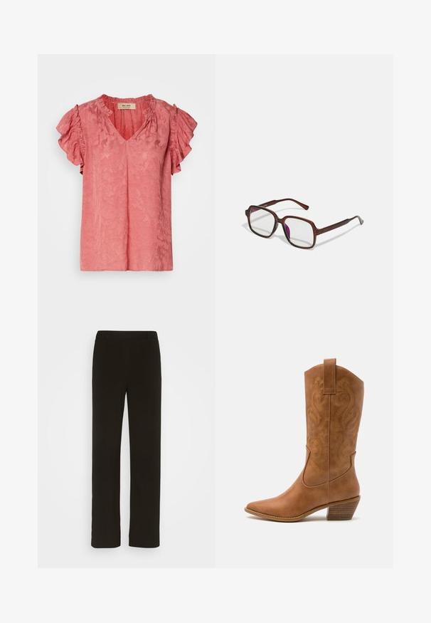 Roza bluzica s kratkimi rokavi z nabranimi rokavi, V-izrezom, teksturiranim cvetličnim vzorcem in mehkim zaključkom tkanine. Blagovna znamka je vidna znotraj ovratnika.; Črne hlače straight-leg iz tkanine, z ravnim sprednjim delom, dvema stranskima žepoma in gladko teksturo. Brez vidnih vzorcev ali dodatkov.; Rjavi usnjeni kauboj čevlji s koničastim nosom, vezenimi vijugastimi vzorci na zgornjem delu in zloženim kvadratnim peto. Imajo zanko za enostavno obuvanje.; Rjave, pravokotne očala z prosojnimi lečami in vijoličnimi odtenki. Gladek plastičen okvir z ravnimi steblami in subtilnimi detajli.; Srebrni obroči za ušesa z gladko, polirano površino. Okrogla oblika in varna zaponka s klikom. Lahka zasnova, primerna za vsakodnevno nošenje.
