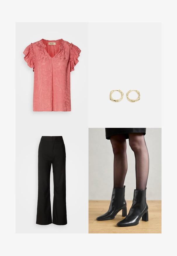 Blusa rosa a maniche corte con maniche arricciate, scollo a V, motivo floreale testurizzato e finitura in tessuto morbido. Etichetta del marchio visibile all'interno del colletto.; Pantaloni neri a gamba larga con texture liscia, vita alta e design semplice. Nessuna tasca visibile o decorazioni.; Stivaletti neri in pelle con punta affusolata, tacco quadrato imponente e design elegante. Dotati di pannelli laterali elasticizzati per una facile vestibilità.; Orecchini a cerchio in oro con una forma irregolare e texture. Presentano una chiusura senza giunture e una finitura superficiale lucida, che enfatizza un design moderno.