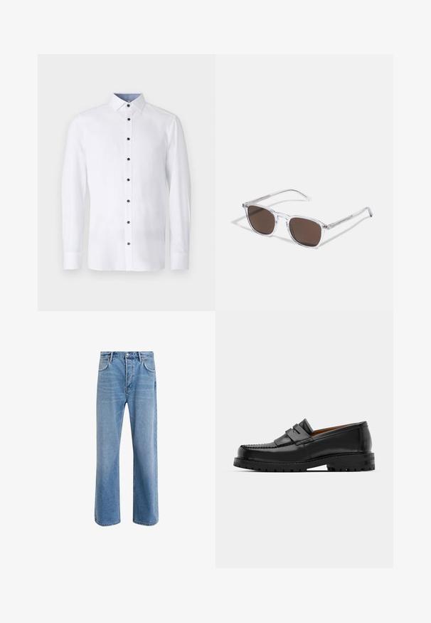 Chemise blanche à manches longues avec un col classique, boutons noirs sur le devant, et détail intérieur de col bleu clair contrastant. Texture de tissu lisse.; Jeans en denim bleu clair avec une coupe droite, cinq poches, fermeture à bouton, peu d'usure et des détails de couture contrastés.; Des mocassins en cuir noir présentent une couture surélevée, deux sangles décoratives sur le dessus et une semelle épaisse et texturée pour une meilleure adhérence.; Lunettes de soleil en plastique transparent avec des verres marron rectangulaires, dotées de branches fines et transparentes ainsi que d'accents en métal sur les tempes.