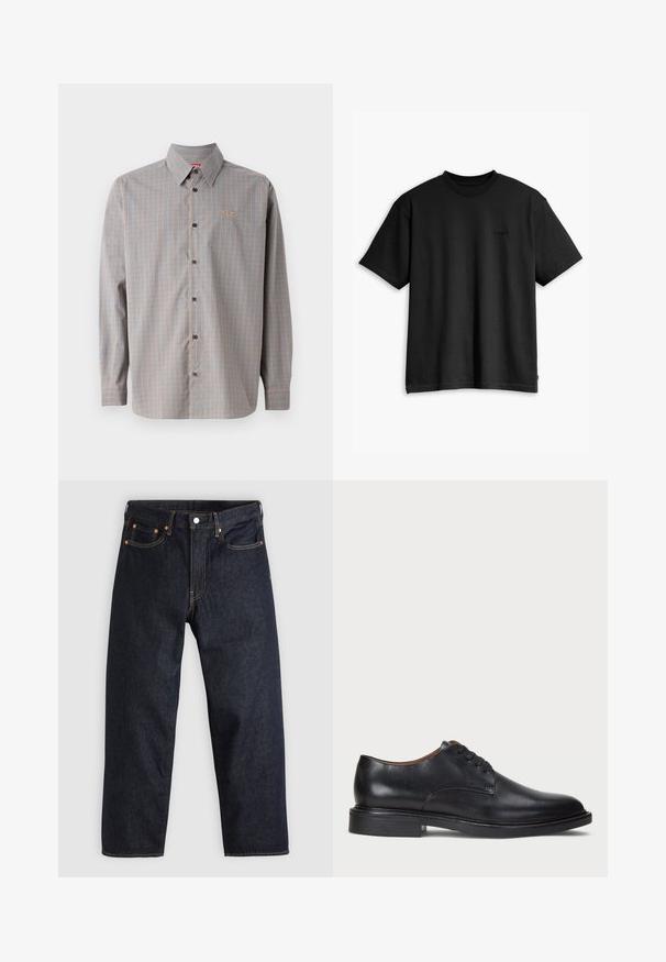 Skjorta med knappar i ett blått och orange rutmönster, långärmad, med spetsig krage och en liten logotyp på bröstfickan.; Svart bomullströja med rund hals och korta ärmar. Har en diskret logotyp fram och en rak nederkant. Enkelt och minimalistiskt design.; Mörkblå denimjeans med rak passform, fem fickor, kontrasterande orange sömmar och knappgylf. Inga synliga mönster eller dekorationer.; Svart läderklänningsko med rund tå, snörning och låg staplad klack. Slät yta med minimala sömdetaljer.