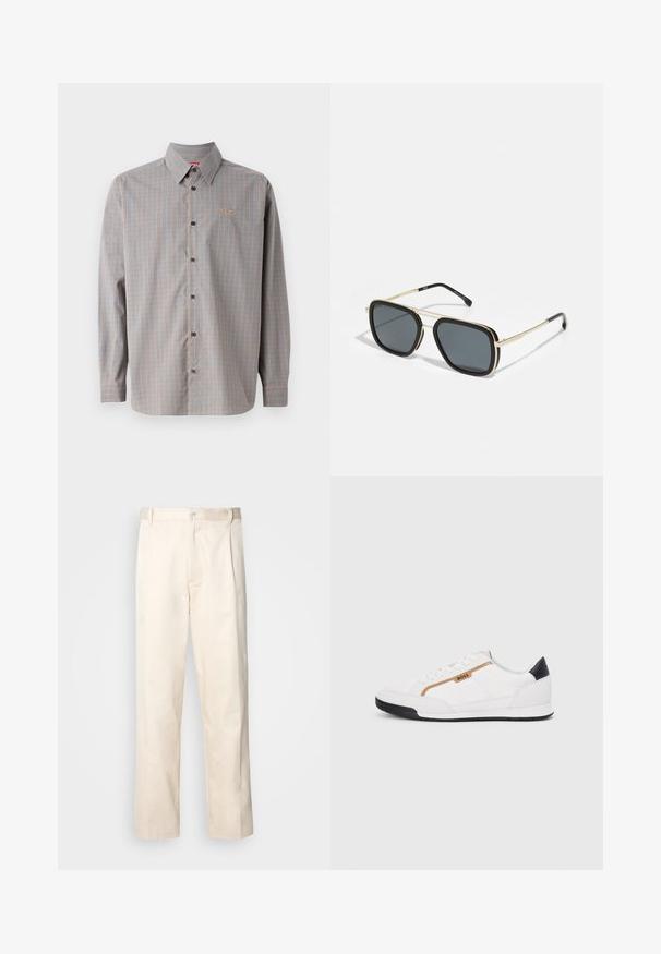 Camisa abotonada con un patrón a cuadros en azul y naranja, de mangas largas, con un cuello puntiagudo y un pequeño logo en la zona del bolsillo del pecho.; Pantalones de algodón beige con corte recto, que cuentan con un cierre de botón y pliegues en la parte frontal para un detalle adicional.; Zapatillas deportivas blancas con acentos de malla y cuero. Presentan un logotipo dorado de "BOSS", paneles laterales texturizados y una tapa de talón negra. Suela de goma.; Gafas de sol negras y doradas de forma cuadrada, con montura metálica, lentes gris oscuro y puntas de patilla negras. Presentan un diseño de doble puente.