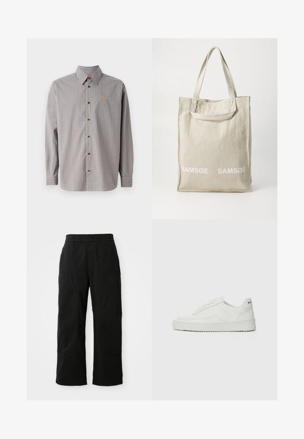 Košeľa na gombíky v modro-oranžovom károvanom vzore, s dlhými rukávmi, so špicatým golierom a malým logom na oblasti vrecka na hrudi.; Čierne bavlnené nohavice s elastickým pásom, širokým strihom a veľkými bočnými vreckami. Tkanina sa zdá byť mäkká s hladkým povrchom.; Biele kožené tenisky s hladkým povrchom, okrúly špičkový dizajn, ploché šnúrky a textúrovaná podrážka. Obsahujú jemné logo na päte.; Plátená taška v svetložltej farbe s dvojitými uchami, s bielym potlačeným logom "SAMSOE" na prednej strane. Obdĺžnikový tvar s jednoduchým dizajnom.