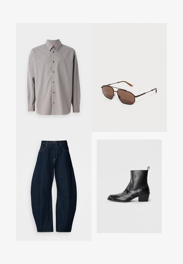 Mėlynos ir oranžinės langelinės rašto marškiniai su ilgomis rankovėmis, smailiu apykakle ir mažu logotipu krūtinės kišenėje.; Tamsiai mėlynos džinsinės kelnės su plačiomis kojomis, pasižyminčios ryškiu siuvimu, penkiomis kišenėmis ir žalvariniu mygtuko užsegimu juosmenyje.; Juodos odinės ankle batai su kvadratiniu pirštu, dekoratyviomis siūlėmis ir žemu blokiniu kulnu. Turės trauktuką, kad būtų lengva apsiauti.; Rudos aštuonkampiai saulės akiniai su plonu juodu metaliniu rėmu, akcentuotais rudomis šventyklomis. Tamsiai tonuoti objektyvai suteikia UV apsaugą.; Rudos krokodilo rašto odos rankinė su viršutinėmis rankenomis ir nuimamu peties dirželiu. Yra sagties užsegimas ir stačiakampis pavidalas.