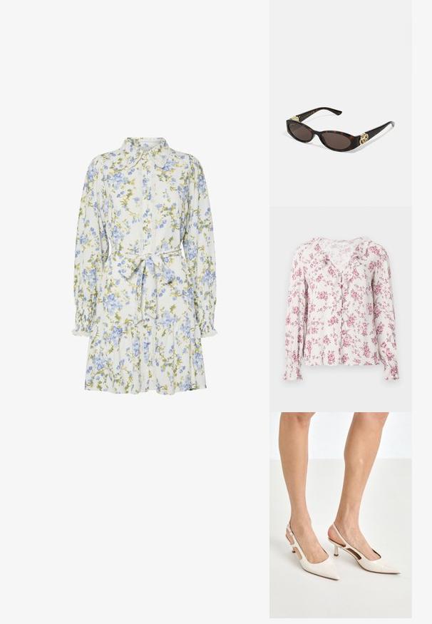 Blomstret bluse med lange ærmer, blødt stof, pink roser på en lys baggrund, med flæsekrave og knaplukning.; Blomsterkjole i hvid med blå og grønne blomster, med krave, knaplukning foran, lange ærmer med elastiske manchetter og et bånd i taljen.; Beige patenterede læder slingback hæle med spids tå og 5 cm hæl, med udskårne sider og en tynd ankelrem.; Skildpaddemønster solbriller med aflange ovale linser, brun farve, guldlogo accenter på stængerne og slanke sorte arme.; Beige mønsteret taske med en buet form, læderdetaljer og et guldtonet logo på fronten. Har et kort håndtag for nem bæring.