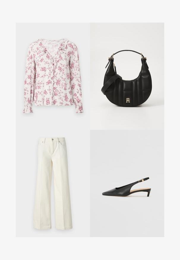 Blommig blus med långa ärmar, mjukt tyg, rosa rosor på en ljus bakgrund, har volangkrage och knäppning med knappar.; Vida vida vita vita vida vita vida vita vita vida vita vitala vita.; Svart läder slingback-hæl med spetsig tå, låg hæl och justerbar ankelrem med en guldfärgad spänne. Slät yta.; Svart läderhandväska med en böjd form, vadderad textur och guldfärgade detaljer. Har en avtagbar axelrem och logotypdetalj.