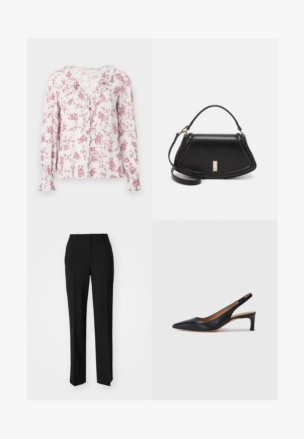 Blouse florale à manches longues, en tissu doux, avec des roses roses sur un fond clair, dotée d'uncol en volants et d'une fermeture à boutons.; Pantalon noir ajusté avec une coupe droite, présentant une texture lisse et des plis nets sur le devant. Aucune quincaillerie visible.; Escarpin slingback en cuir noir avec un bout pointu, un petit talon et une texture lisse. Doté d'une fine sangle réglable pour un ajustement sécurisé.; Sac à main en cuir noir avec un design structuré, featuring une forme cropped, une poignée supérieure et des accents en matériel doré. Bandoulière réglable incluse.