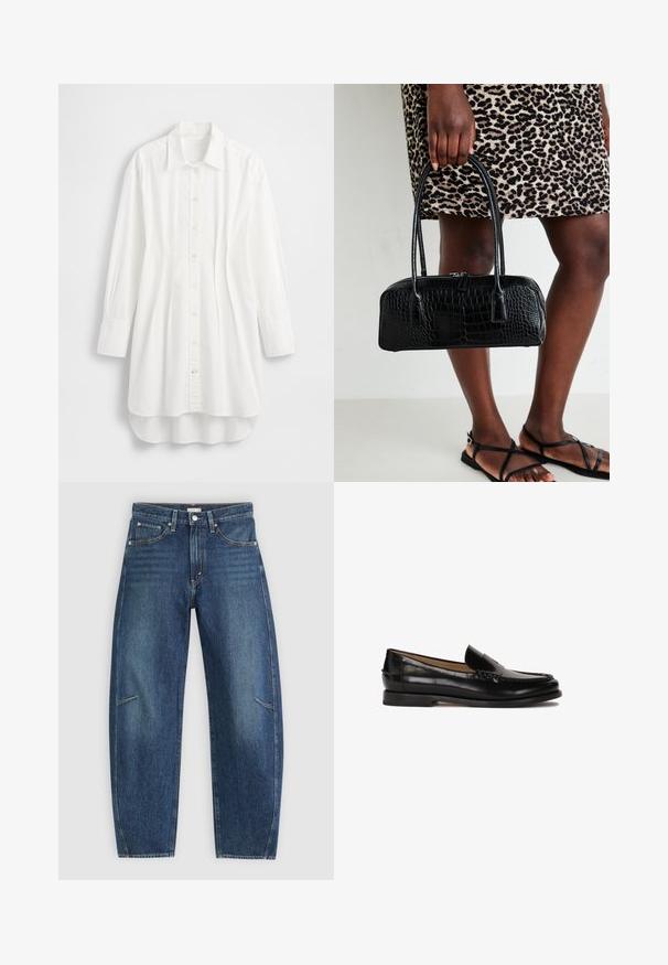 Balti medvilniniai ilgomis rankovėmis marškiniai; turi priekyje sagų užsegimą, smailų apykaklį ir lenktą apatinę dalį su šiek tiek ilgesne nugarėle.; Tamsiai mėlynos džinsinės kelnės su tiesiomis kojomis, turinčios priekinės kišenes, kontrastingą siuvimą ir subtilų pabandymą ant kojų.; Juodas odinis loafers stiliaus batelis su apvaliu nosimi, lengvai užsidedantis dizainas ir subtilūs siuvinėjimo detalės viršuje. Lygus guminis padas.; Juodas krokodilo tekstūros rankinės maišas su dviem rankenomis ir užtrauktuko uždarymu. Maišas turi stačiakampio formą ir blizgų paviršių.