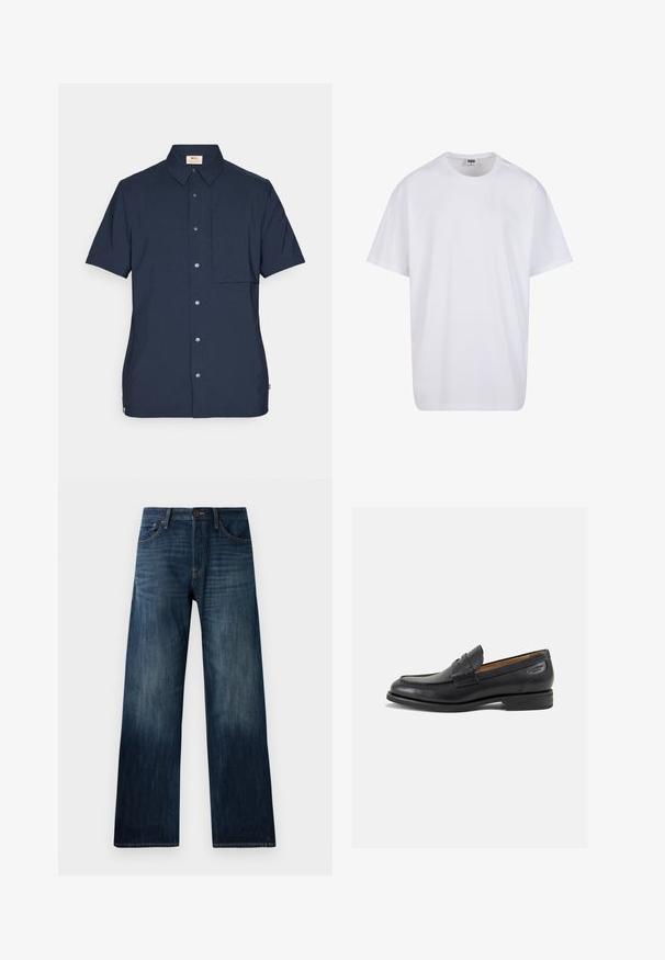 Lyhythihainen paita tummansinisenä, valmistettu kudotusta kankaasta, jossa on etutasku, nappisuljenta ja klassinen kauluspaitamalli.; Valkoinen puuvillainen t-paita, jossa on lyhyet hihat, pyöreä kaula-aukko, rento istuvuus ja ei näkyviä logoja tai kuvioita. Sileä pinta ja minimaalinen muotoilu.; Tummansiniset farkut suoran lahkeiden muotoilulla, joissa on kevyt rakenne, vyölenkit ja klassinen viiden taskun tyyli.; Mustat nahkaloaferit, joissa on sileä pinta, pyöreä varvas ja koristeompeleet varpaansuojassa. Matala pinottu korko ja hieno kiilto.