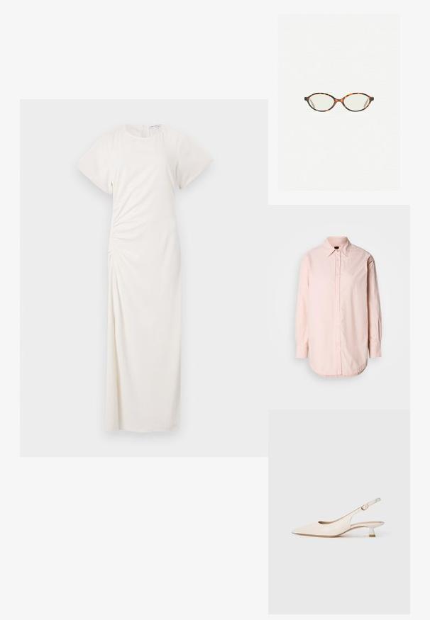 Camicia button-up di un delicato rosa chiaro con colletto a punta, maniche lunghe e orlo curvato. Presenta una sottile texture e un piccolo dettaglio ricamato.; Abito bianco con maniche corte, scollatura rotonda e dettaglio arricciato ai lati; tessuto liscio con silhouette lunga fino a terra.; Scarpa slingback a punta color crema con tacco kitten basso e fibbia dorata su sfondo bianco puro.; Occhiali in tartaruga con lenti ovali e una finitura liscia e elegante. Presentano aste sottili con una leggera curva alle tempie. Lenti trasparenti.