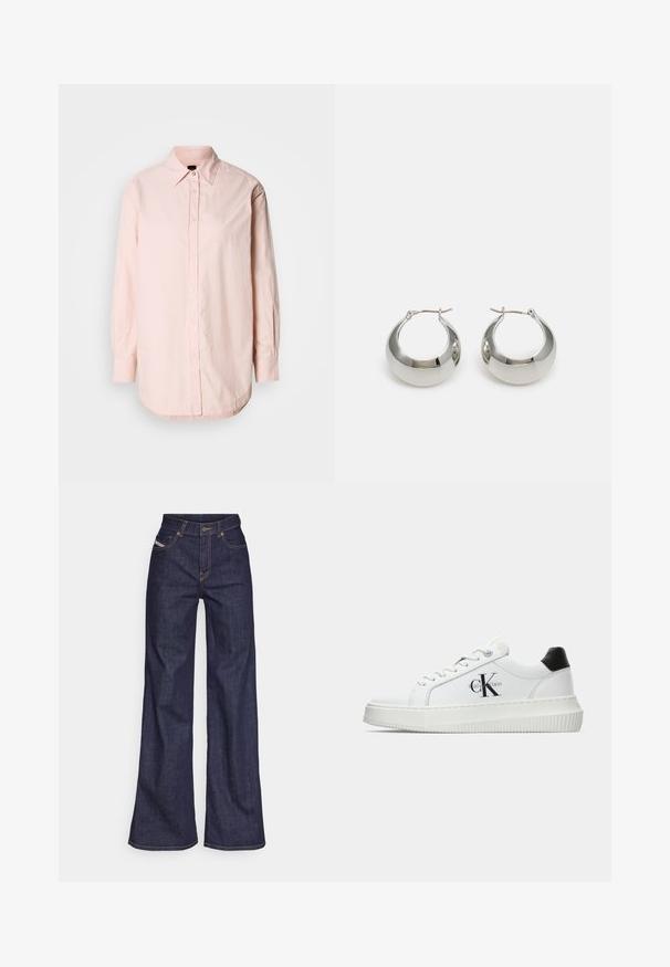 Svetlo roza košulja na gumb s uskim ovratnikom, dugim rukavima in ukrivljenim robom. Ima subtilno teksturo in majhen izvezen detajl.; Temno modri široki kavbojke iz denima z visokim pasom, ki imajo oranžne šive, pet žepov in gumba za zapiranje.; Bele nizke superge z črnim hrbtnim delom, platformo, vezalkami in Calvin Klein "CK" logotipom na strani.; Srebrni metalni uhani v obliki obroča z gladko, sijočo površino in strukturirano, zaobljeno obliko. Imajo zložen sponko za varen nos.
