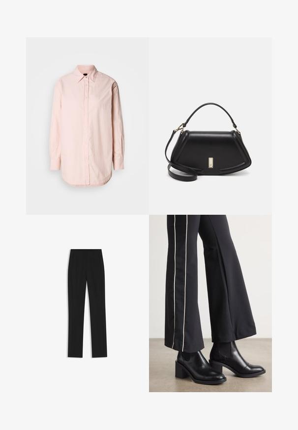 Vaaleanpunainen nappikauluspaita, jossa on terävä kaulus, pitkät hihat ja kaareva helma. Sisältää hienovaraisen tekstuurin ja pienen brodeeratun yksityiskohdan.; Mustat räätälöidyt housut suoran lahkeen designilla, joissa on etutaskut ja sileä, teksturoitu kangas. Siistit, minimalistiset yksityiskohdat.; Mustat nahkasaappaat nilkkapituisilla, lohkareella, joissa on joustavat sivupaneelit. Yhdistetty mustiin housuihin, joissa on valkoinen sivuraita.; Mustalla nahkalaukulla, jossa on jämäkkä muotoilu, lyhyt malli, yläkahva ja kultaiset yksityiskohdat. Säädettävä olkahihna sisältyy.